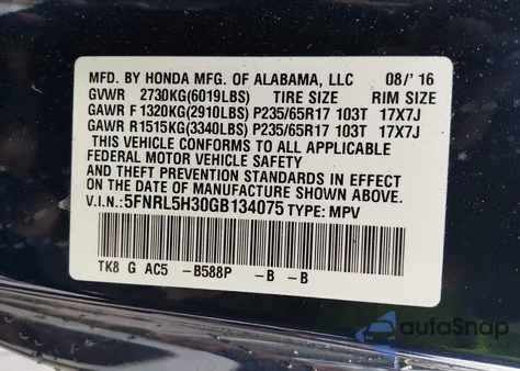 2016 Honda Odyssey Se from USA, damaged, VIN 5FNRL5H30GB134075